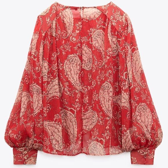 ZARA Chiffon Blouse Floral Print Balloon Sleeves New - Picture 4 of 9